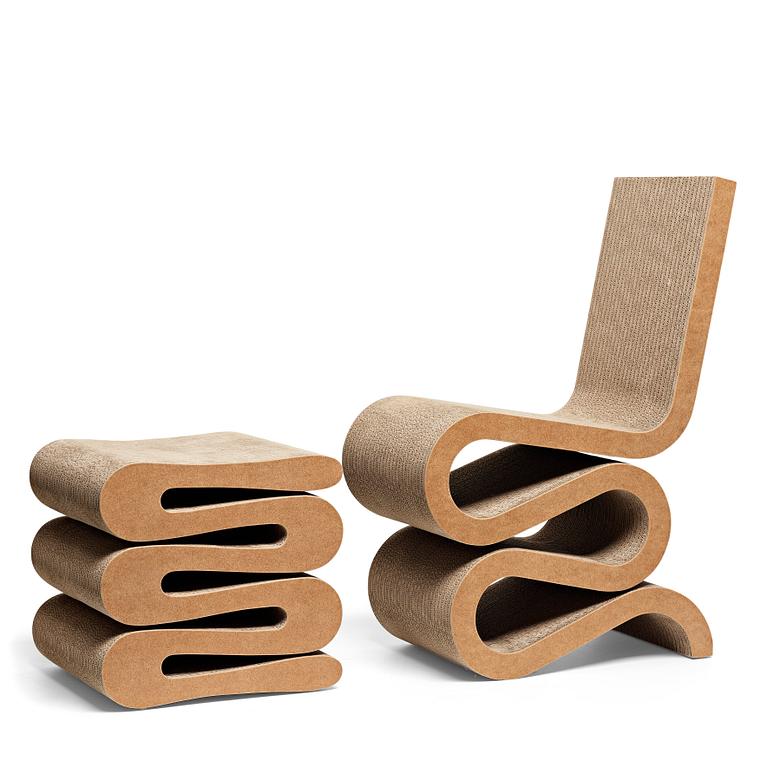 Frank Gehry, "Wiggle side chair & stool", Vitra, 21st century.