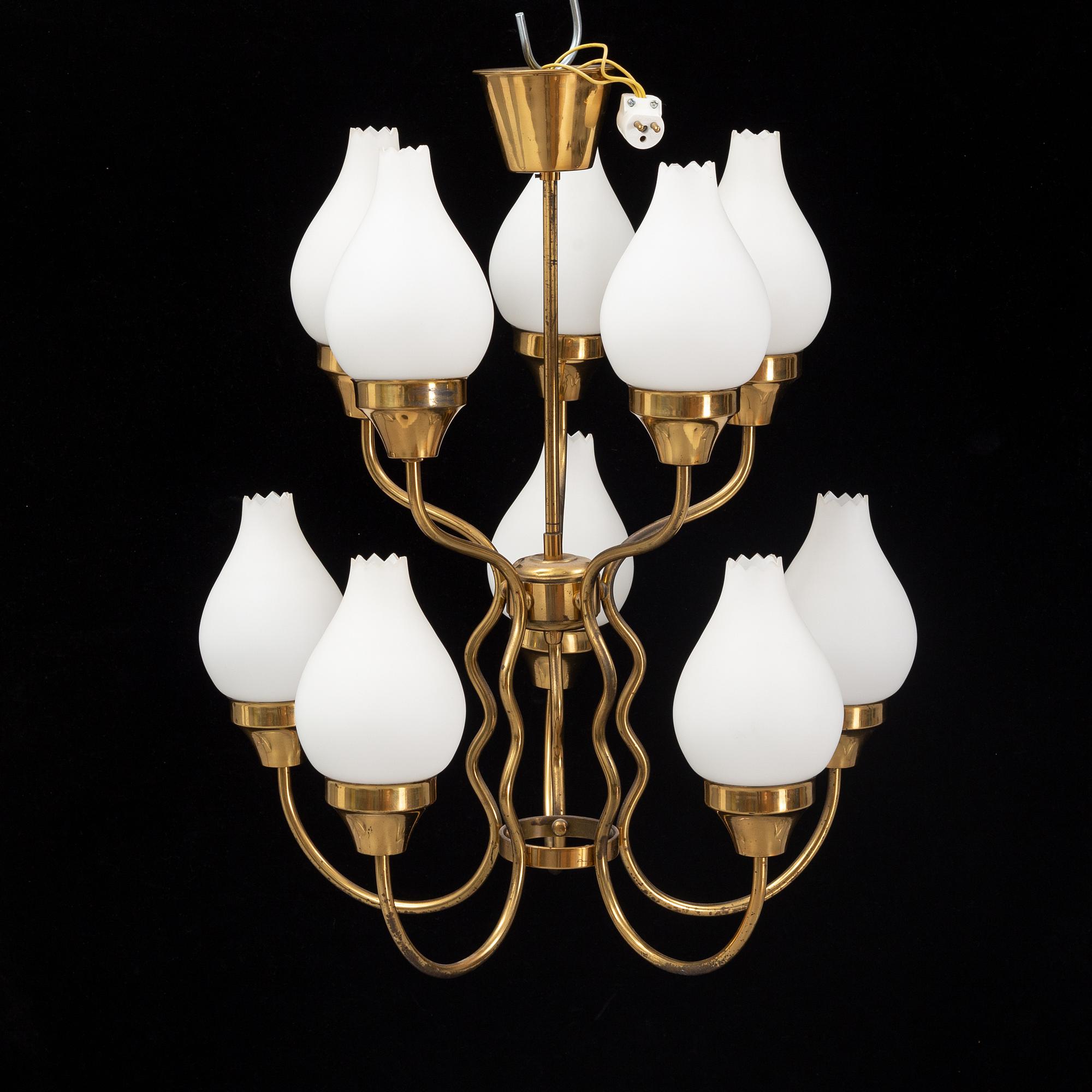A brass and glass ceiling lamp for ten lights, first half 20th century.