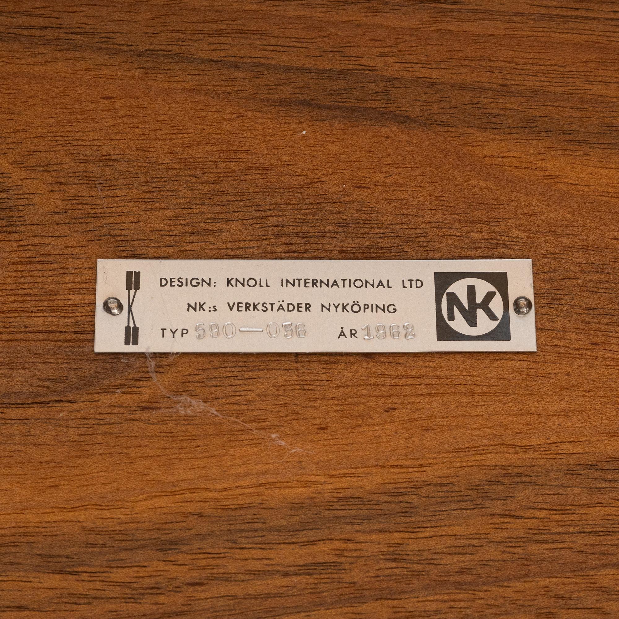 Florence Knoll, a model 590-036 walnut-veneered desk, by Nordiska Kompaniet in Sweden for Knoll International, 1962.