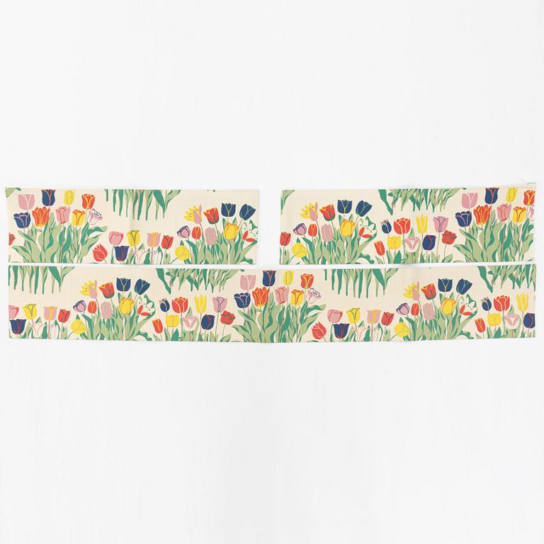 Josef Frank, gardiner, ett par, samt gardinkappor, 3 st, "Tulpan", Svenskt Tenn.