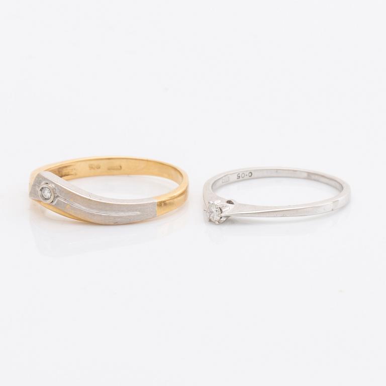 2 rings and 1 pendant 18K gold, brilliant-cut diamonds and 1 aquamarine ca 7 mm, chain metal.