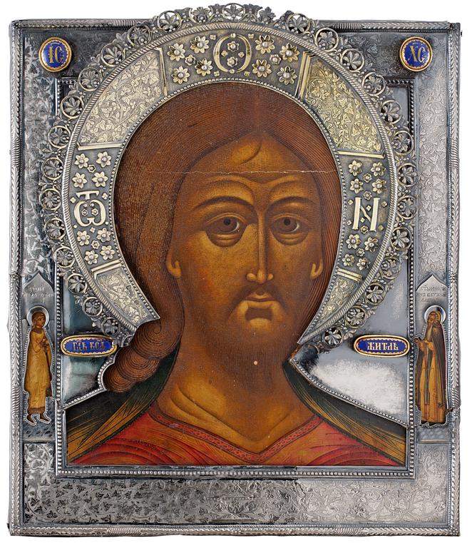 A RUSSIAN PARCEL-GILT ICON of Crist, unidentified makers mark JD, Jaroslav 1845.