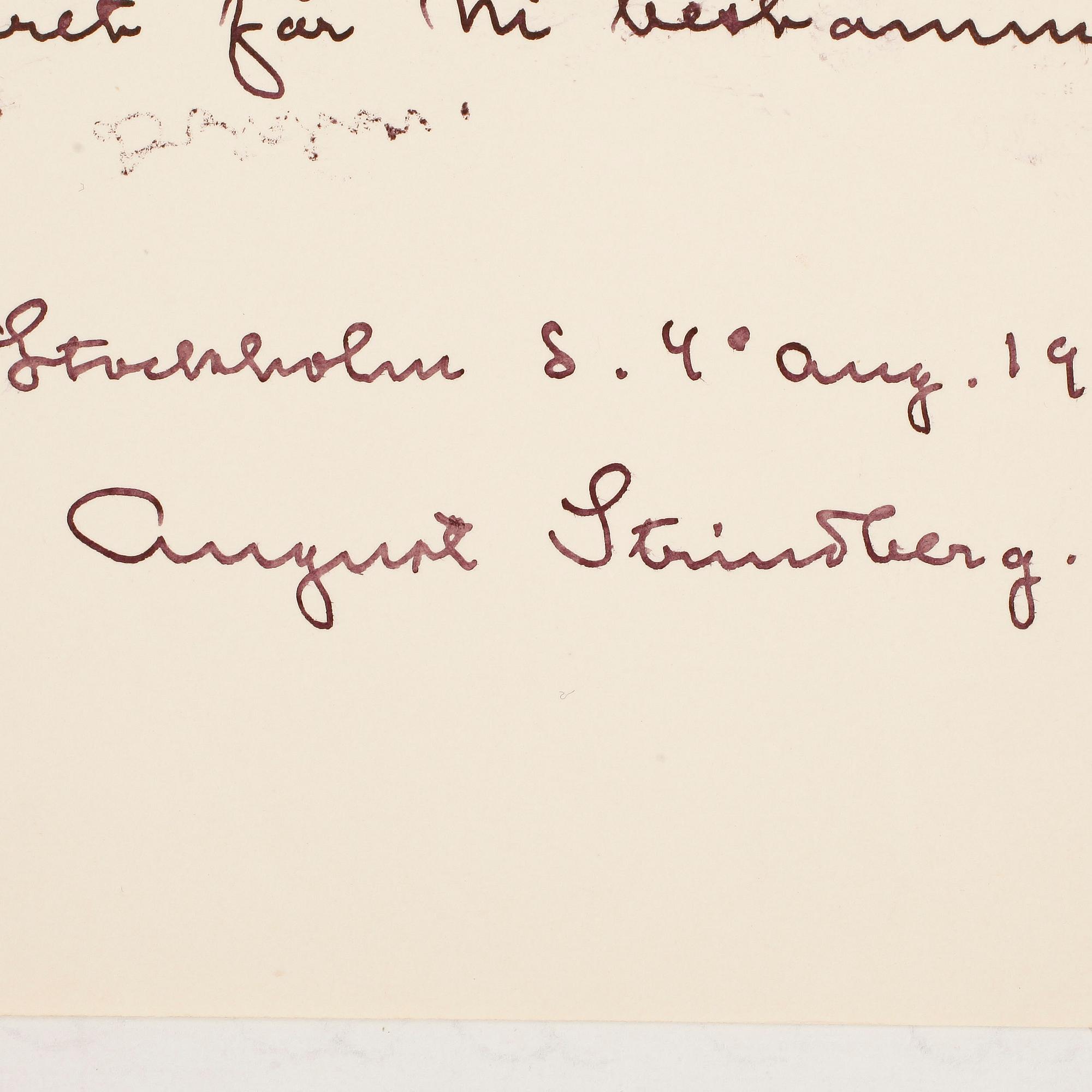 AUGUST STRINDBERG (1849-1912), egenhändigt brevkort med signatur, dat Stockholm 4 aug 1903.