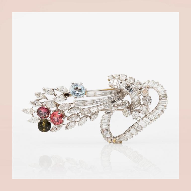 BROOCH, with a aquamarine, green and pink tourmalines and diamonds, total circa 5 cts.