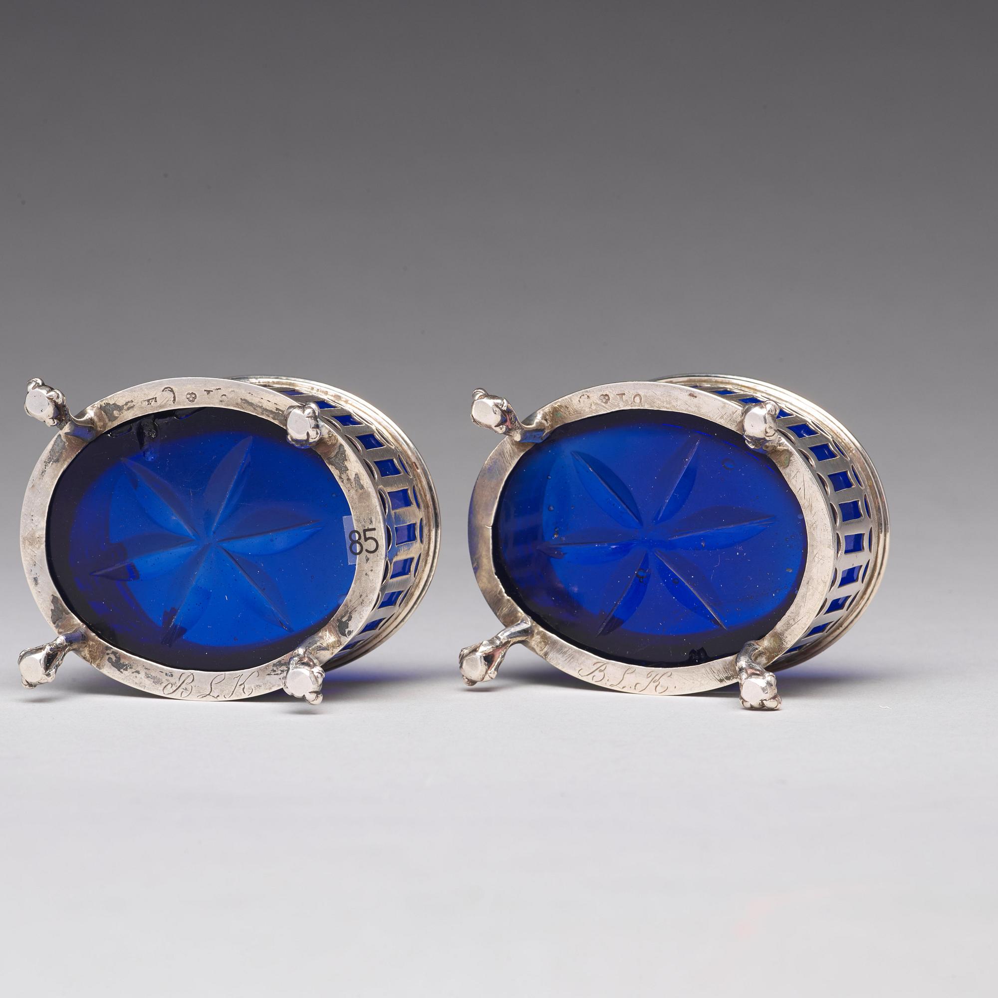 A pair of Swedish 18th century silver and blue glass salt cellars, mark of Pehr Zethelius, Stockholm 1791.