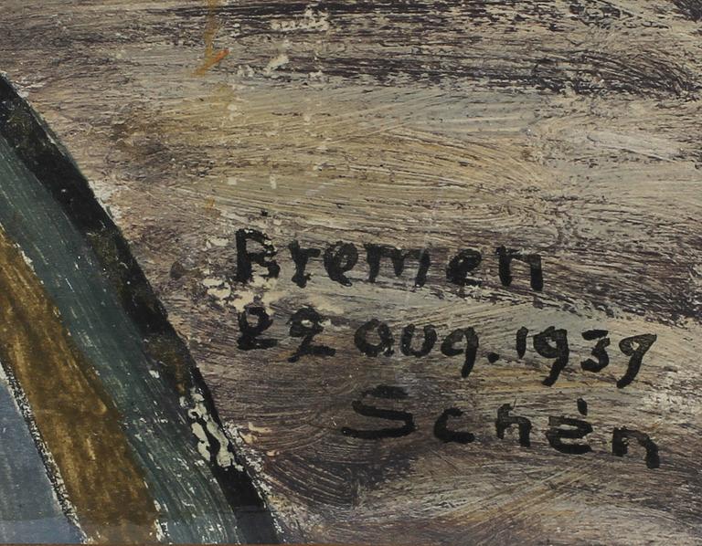 OKÄND KONSTNÄR, olja på papp, sign Schèn, dat -39 2 Aug Bremen.