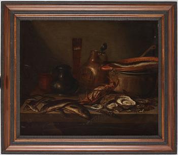 Pieter Claesz Circle of, Dutch school 17th/18th Century. Still life with fish, crab, oysters and jars.