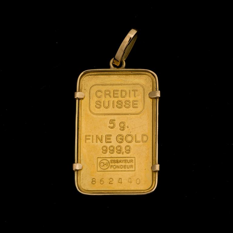 PLAKETT, fine gold 999,9. Credite Suisse. 5 gram.
