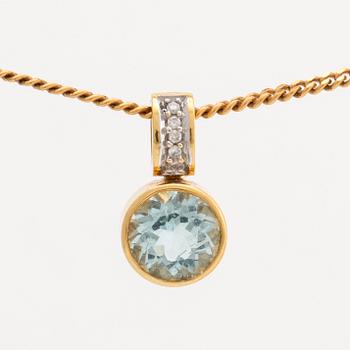 2 rings and 1 pendant 18K gold, brilliant-cut diamonds and 1 aquamarine ca 7 mm, chain metal.