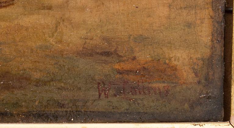 OKÄND KONSTNÄR, olja på pannå, signerad W. Collins. 1800/1900-tal.