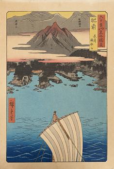 Ando Utagawa Hiroshige, after, a set of nine woodblock prints in colours, Japan, 20th Century.