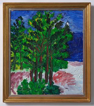Inge Schiöler, Coastal view with pine trees.