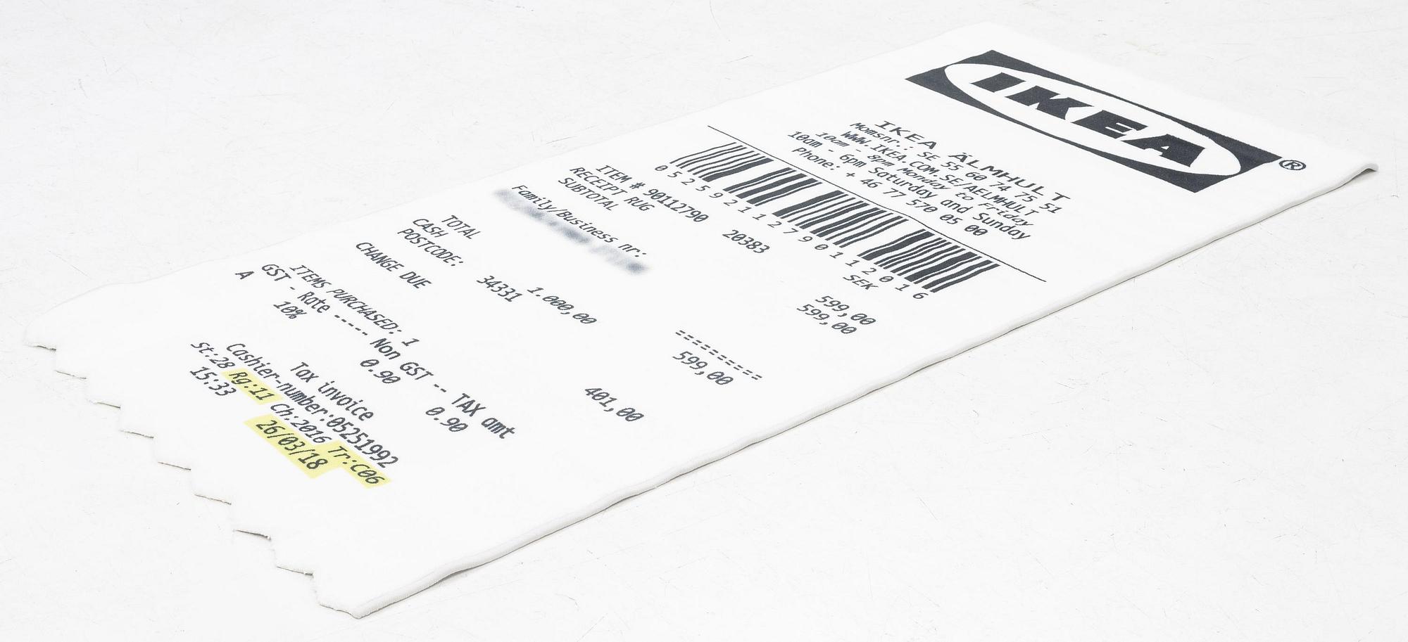 Virgil Abloh, a carpet,  'kvitto' ('Receipt'), IKEA x Virgil Abloh, the 'MARKERAD' collection, c 200 x 90 cm.