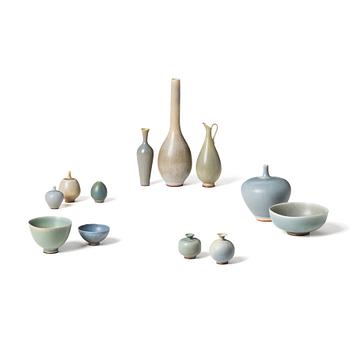 Berndt Friberg, a set of 9 stoneware vases and 3 bowls, Gustavsberg Studio, Sweden, 1956-66.