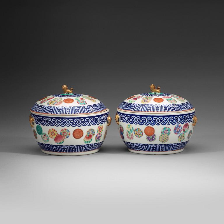 A pair of famille rose and blue enamel tureens with covers, late Qing dynasty.