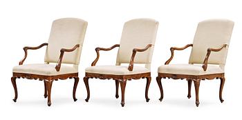 Three English Rococo 18th century armchairs.