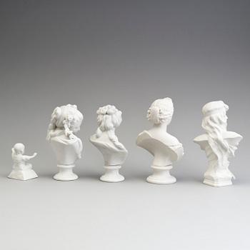 FOUR PARIAN BUSTS AND A FIGURE, Gustafsberg ca 1900.