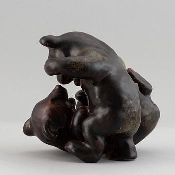 Karl Grössl, a mid 20th century glazed stoneware sculpture of bear cubs playing, Rörstrand, Sweden.