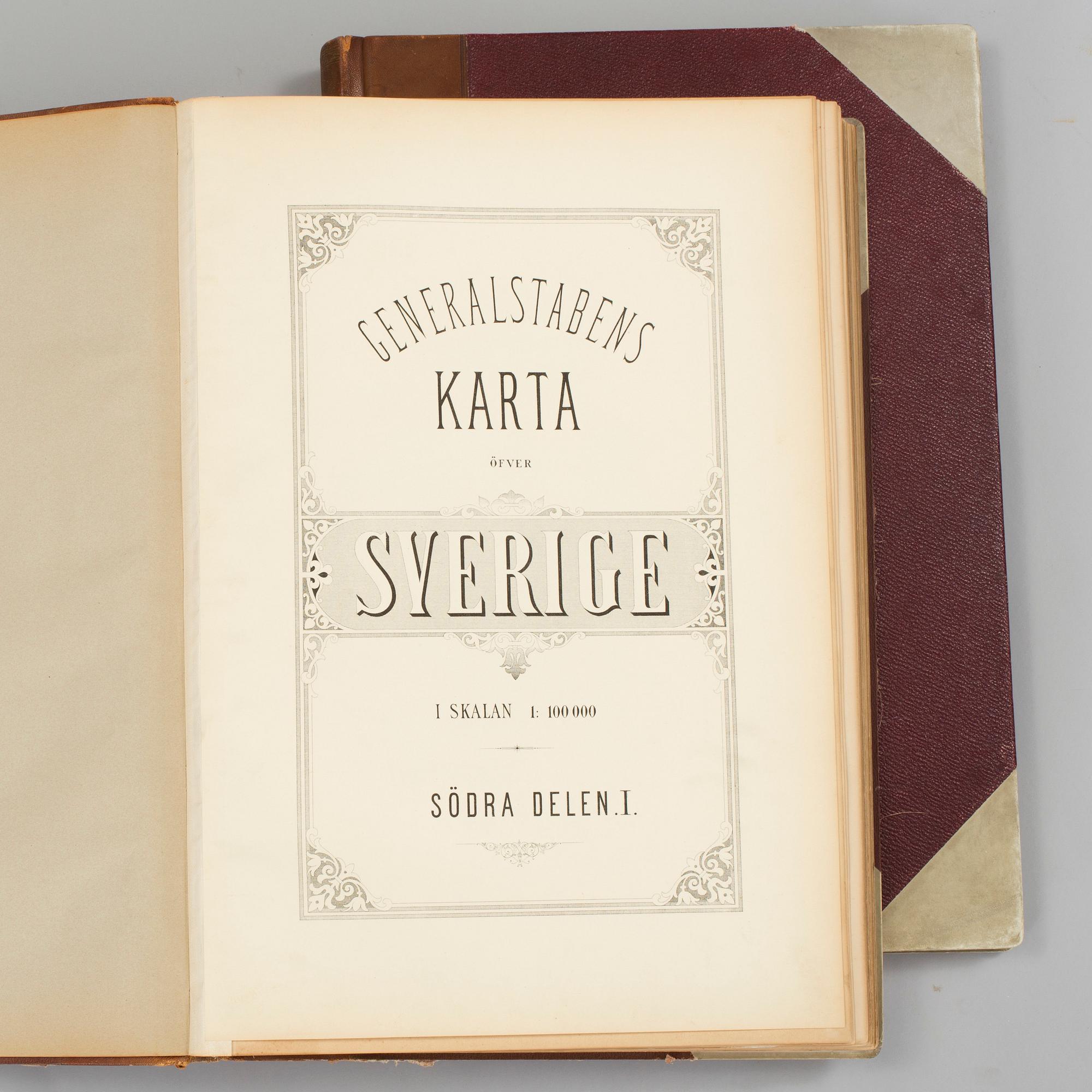 GENERALSTABEN. 2 vol, Generalstabens Karta öfver Sverige. Södra delen 1-2, Karta 1-120. Utan tryckår, sent 1800-tal.