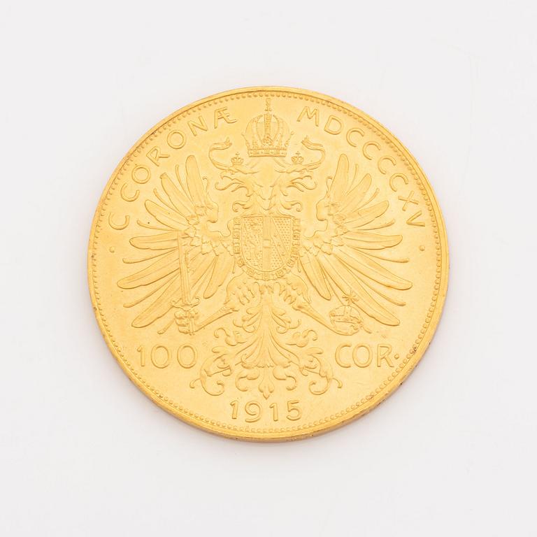 An Austrian gold coin, re-strike 100 Corona 1915.
