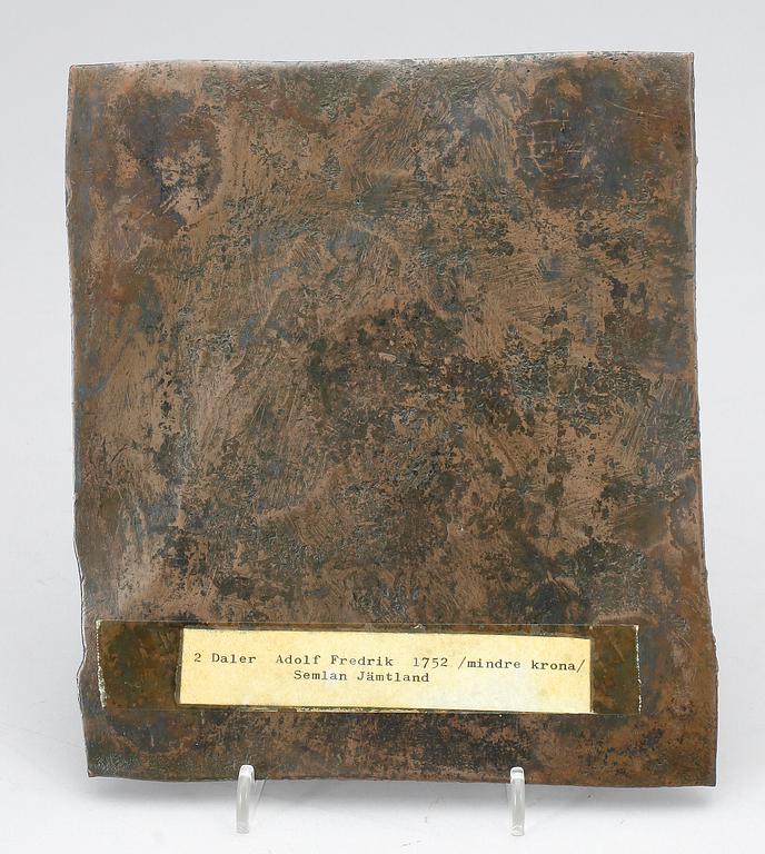 PLÅTMYNT, koppar, 2 daler silvermynt, Adolf Fredrik av Sverige, 1752.