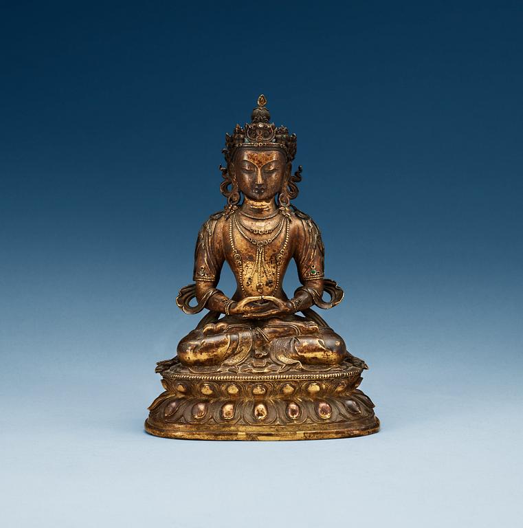 A gilt bronze Amitayus Buddha, Qing dynasty, 18th Century.