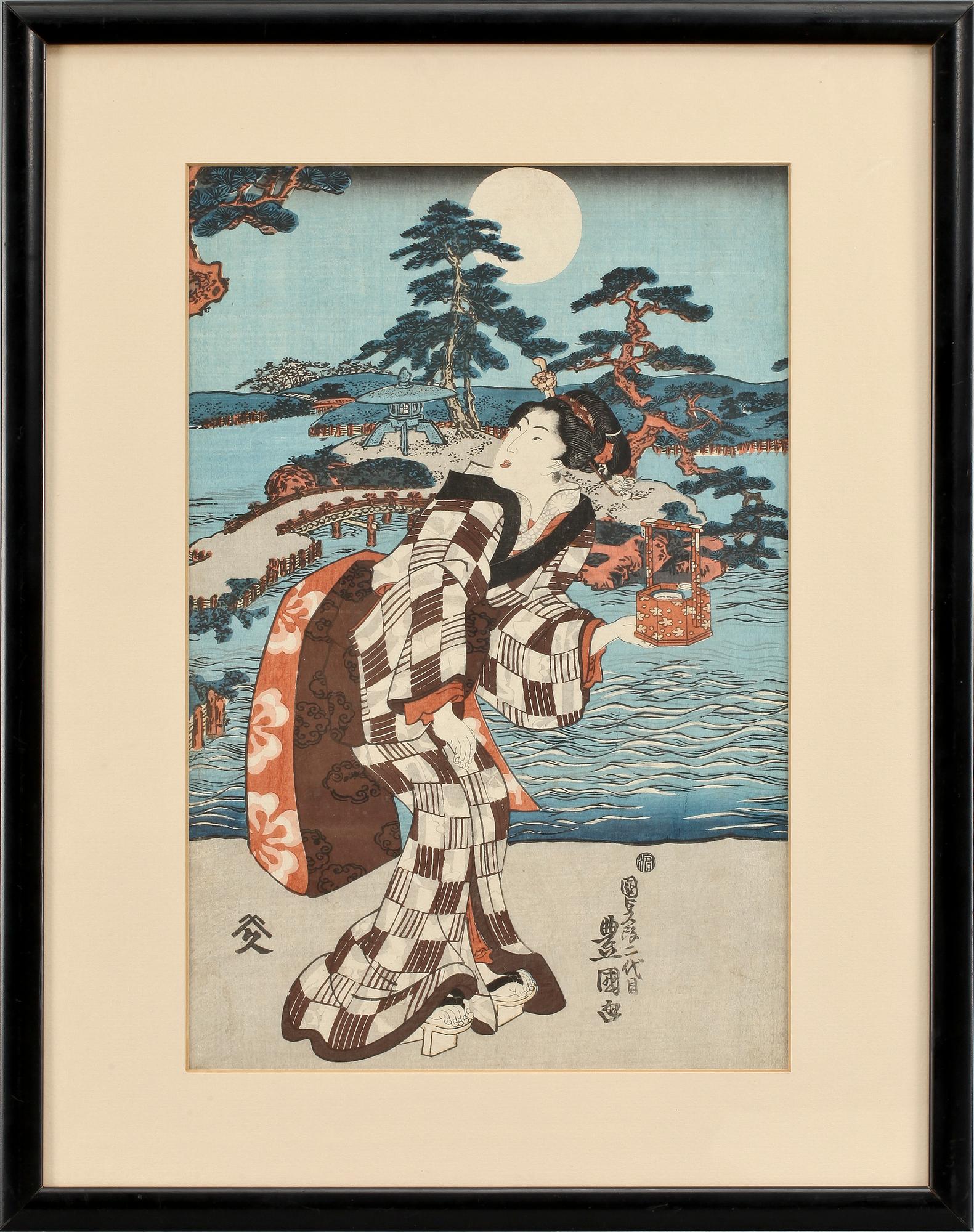 TRÄSNITT, Japan, sign i trycket Toyokuni II. Tryckt 1844.