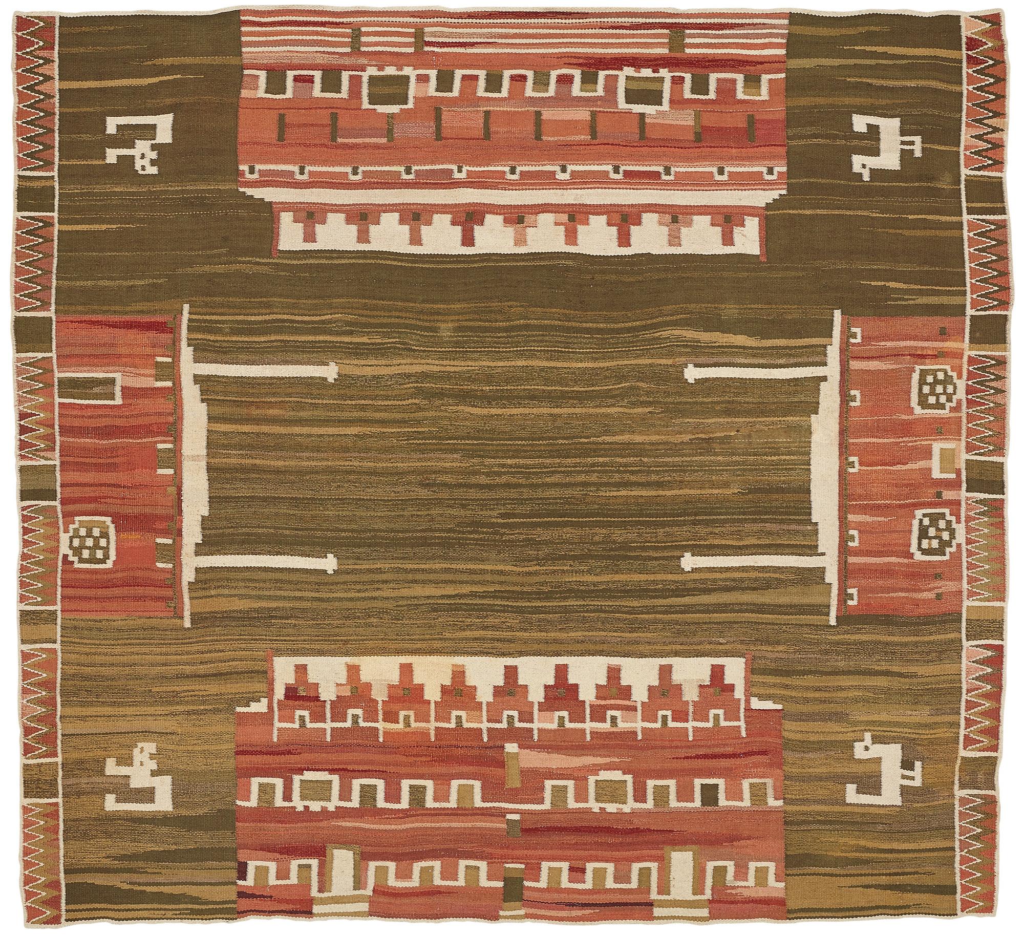 Barbro Nilsson, Matto,"Slottet", flat weave, ca 280-282 x 295,5-309,5 cm, designed by Barbro Nilsson, unsigned.