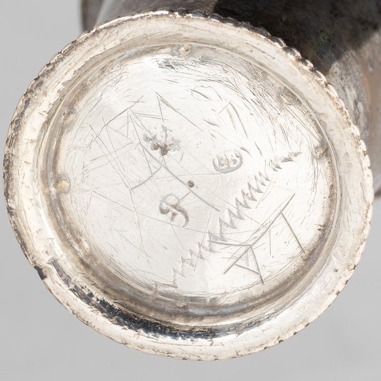 A group of three Swedish silver beakers and a cup, including Carl Beck, Stockholm 1727.