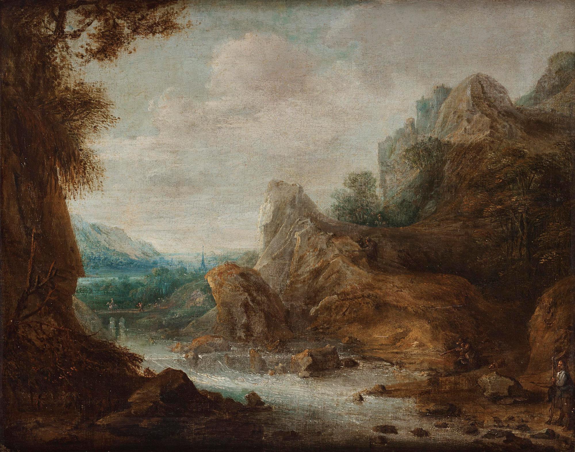 Frans de Momper, circle of, Mountainous river landscape with hunters.