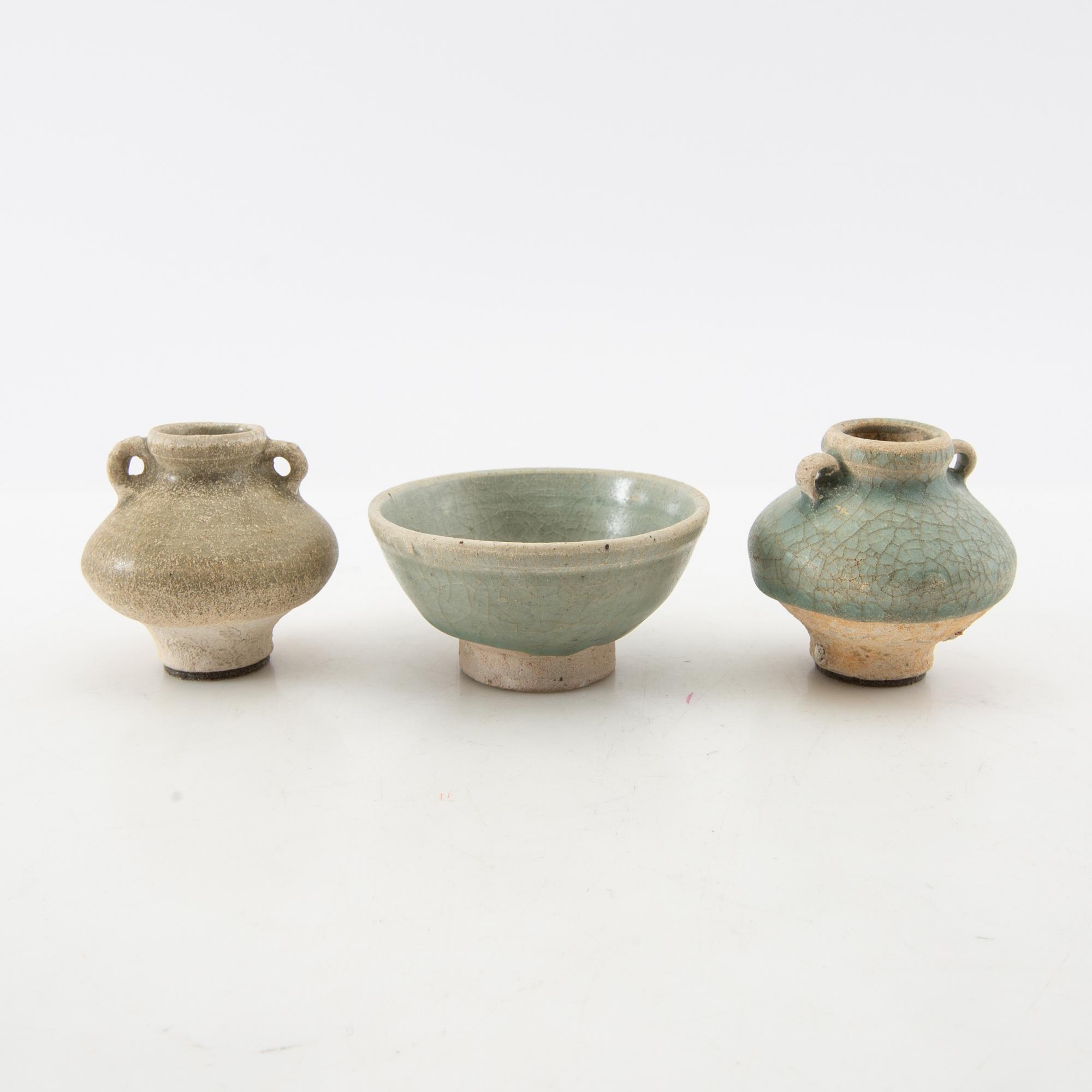 A group of three celadon glazed vessels, Sawankhalok, Thailand, 15th/16th century.