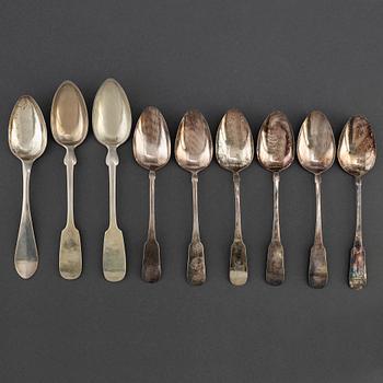 Four serving spoons and totally nine tablespoons, silver,  18th and 20th Century.