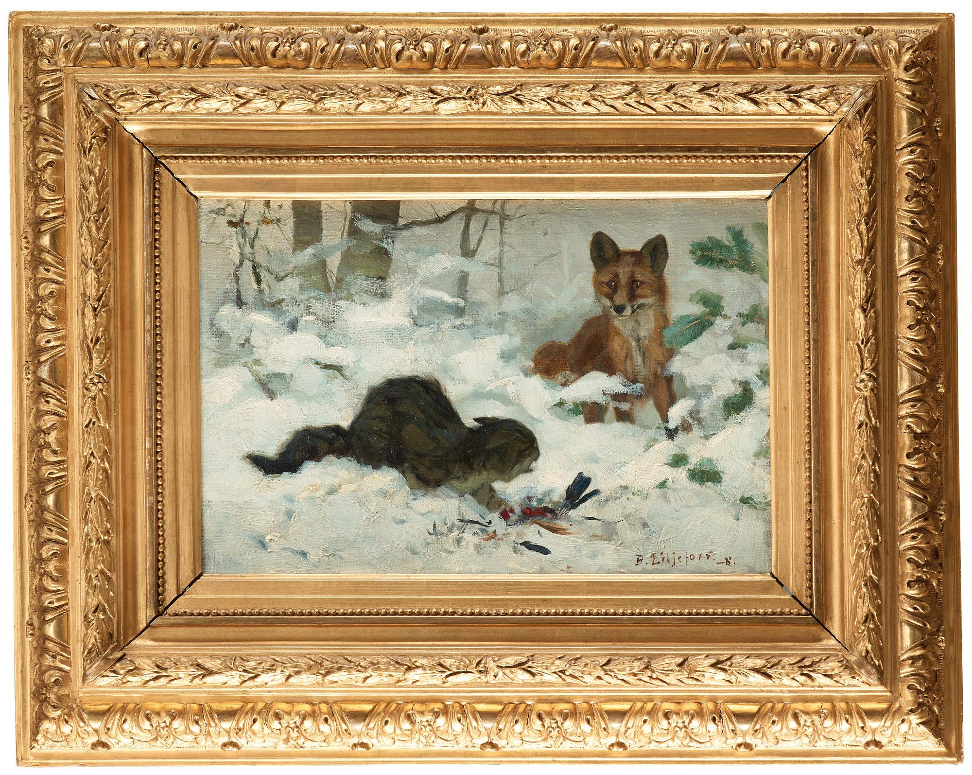 Bruno Liljefors, Hunting cat surprised by a fox.