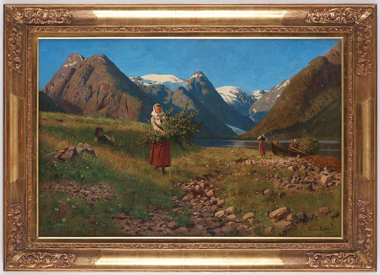 Hans Dahl, Fjordlandskap med figurer som plockar ris.