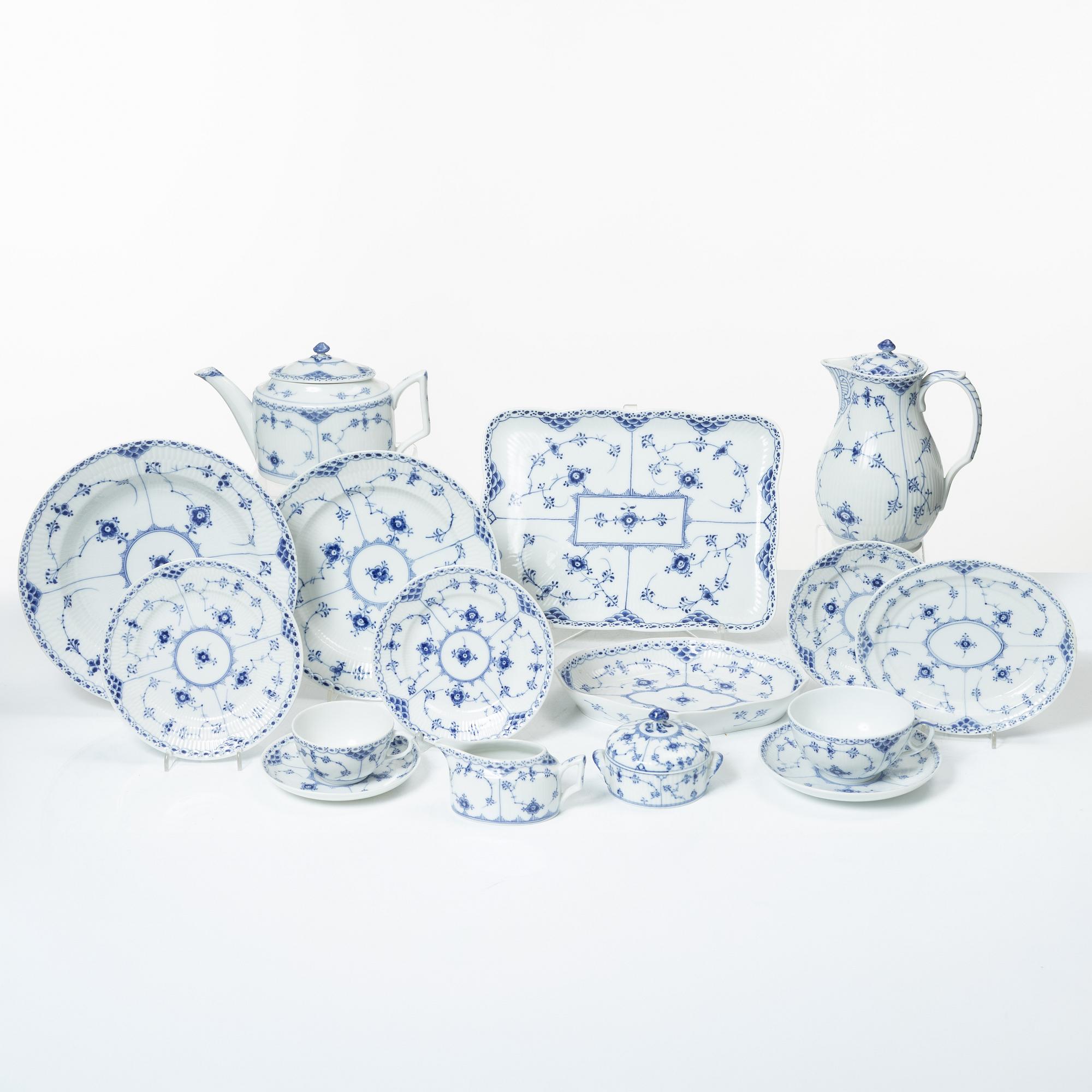 Royal Copenhagen, a 58-piece porcelain 'Blue Fluted' dinner and tea service, Denmark, mostly 1889-1934 but some pieces 1950-1984.