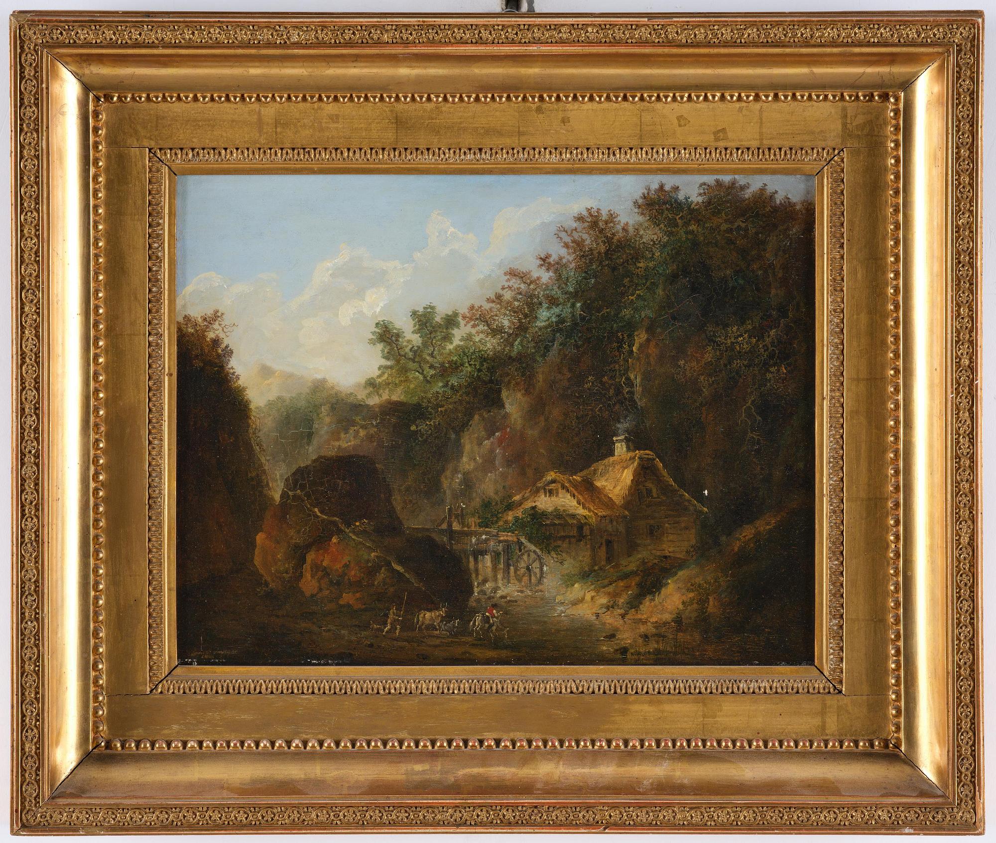 Louis Belanger, Mountain landscape with figures by a watermill.