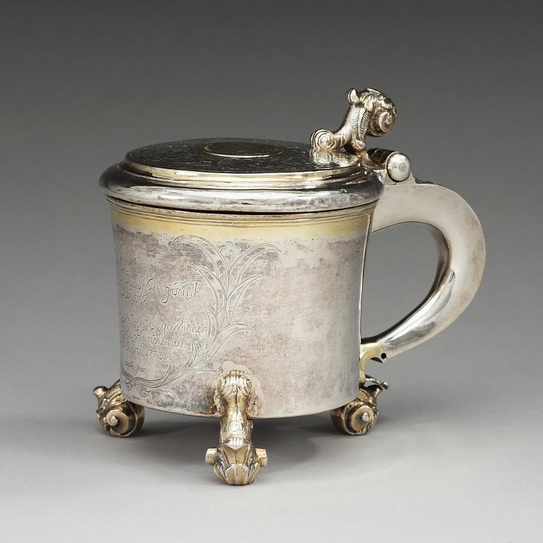 A Swedish 18th century parcel-gilt tankard, makers mark of Bengt Collin, Uppsala (1699-1755).