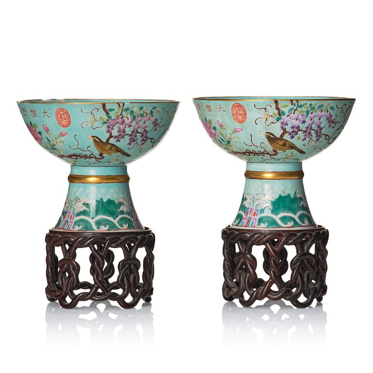 A pair of Chinese stemcups, with the mark of dowager empress Ci Xi, Dayazhai, late Qing dynasty.