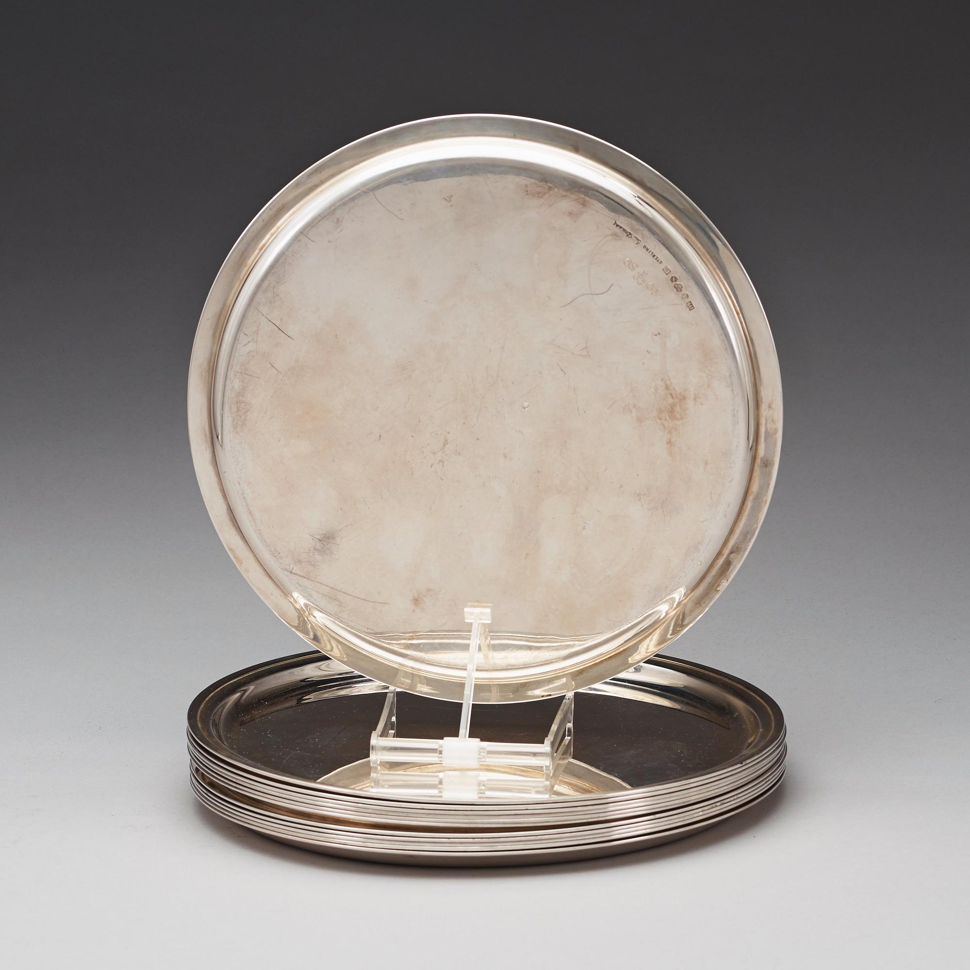 ÅKE STRÖMDAHL, kuverttallrikar, 12 stycken, Atelier Hugo Strömdahl, Stockholm 1959, sterling.