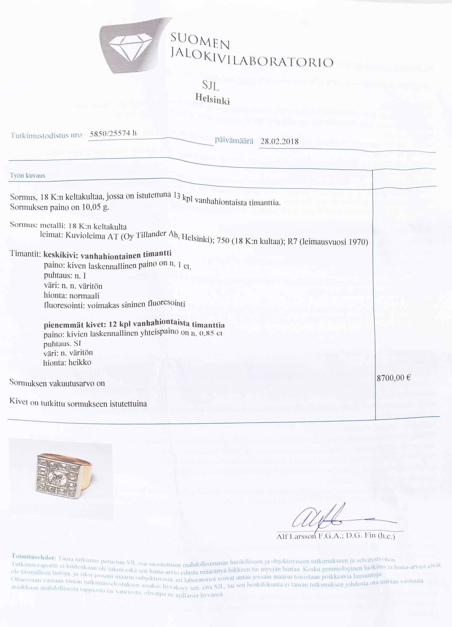 An 18K gold ring wit old cut diamonds, A. Tillander 1970.