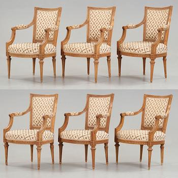 Six Gustavian late 18th century armchairs by Johan Lindgren, master in Stockholm 1770-1800.