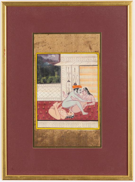 Unidentified artist, Erotic scenes in interior and landscape, India, 20th century. Two pieces.