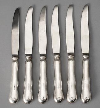 MATKNIVAR, 6 st, silver, sk. Fiolmodell, GAB, 1900-tal. Tot vikt 557 gram (inkl rostfria blad).