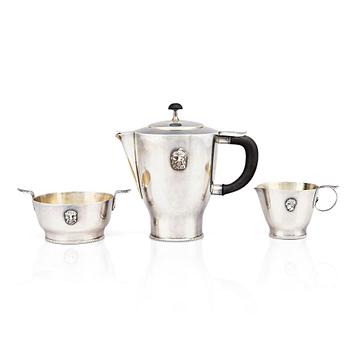 196. Wolter Gahn, a silver plated three pcs coffee service, Swedish Grace, executed by Karl Wojtech, Stockholm 1920s.