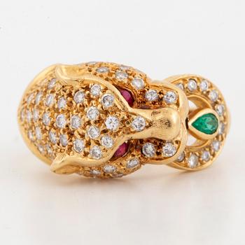 RING, 18K guld med diamanter, rubin och smaragd.