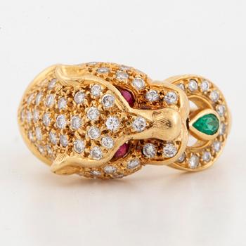 18K gold brilliant-cut diamond, ruby and emerald tiger ring.