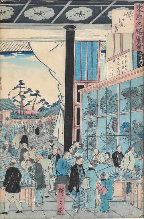 Två färgträsnitt, Kunisada och Hiroshige III, Japan 1800-tal.