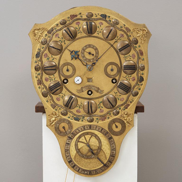 An astronomical longcase clock by Johann Joseph Langschwert court-watchmaker, Würzburg, circa 1750.