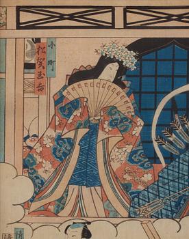 Utagawa Kunisada, two woodblock prints, Japan, before 1842, an a woodblock print by unknown artist, Japan, 1862.