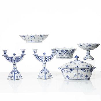 Royal Copenhagen, A group of three "Blue fluted full lace" (Musselmalet helblond) serving dishes and a tureen with cover, 1968-73.